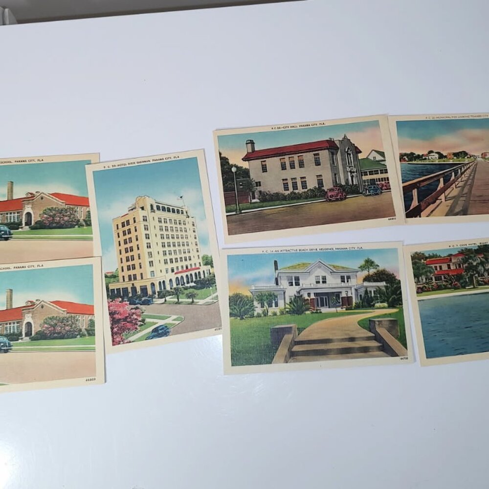 Lot of 7 Vintage PostCards Historic Sites Panama City Florida-Unused/2 Dulpicate